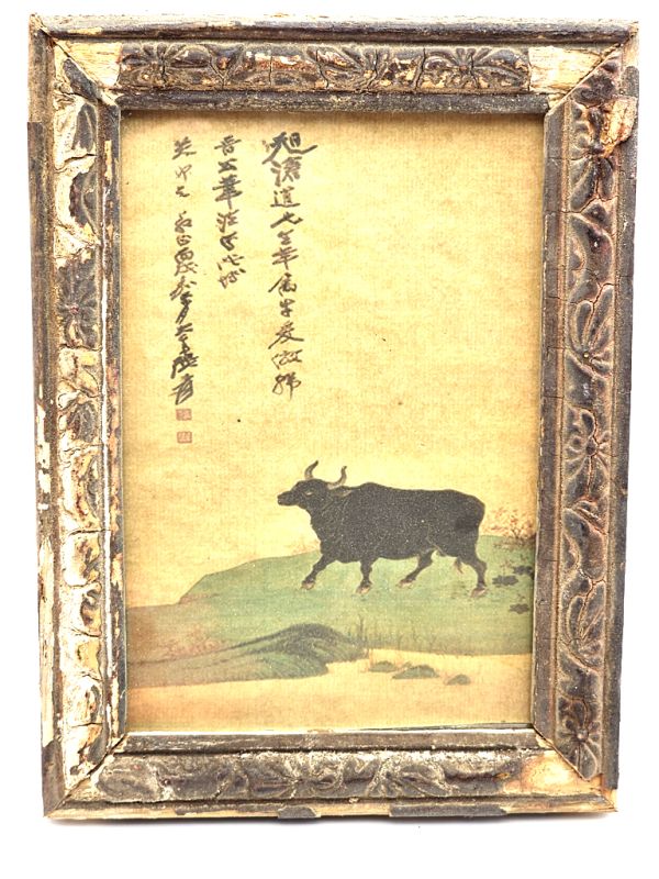 Old small Chinese wooden frame - Painting - The buffalo 1