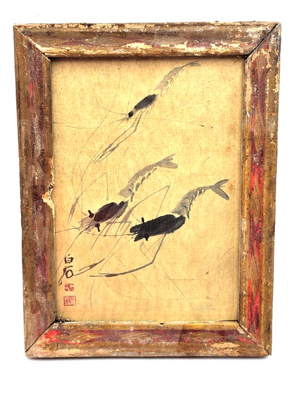 Old small Chinese wooden frame - Painting - The three shrimps 1