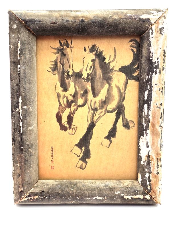 Old small Chinese wooden frame - Painting - The two galloping horses 1