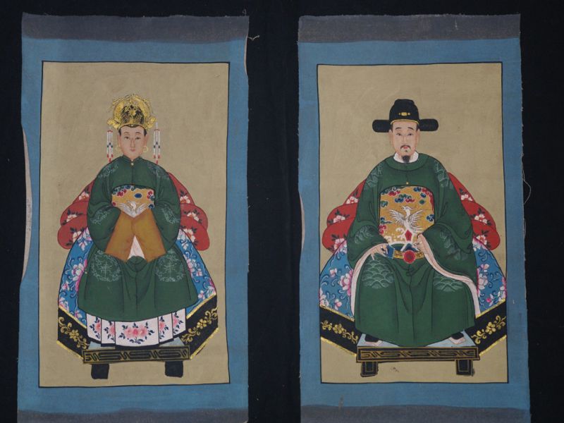 Pequeña Pareja de ancestros Chinos Pintura China Verde Imperial 1