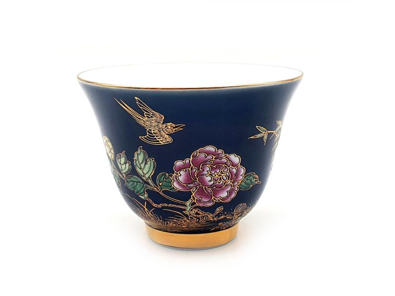 Cliquez sur la vignette pour agrandir et survolez la photo pour zoomer Petit Bol ou verre Chinois en Porcelaine Noir et doré - Oiseaux et fleurs 2
