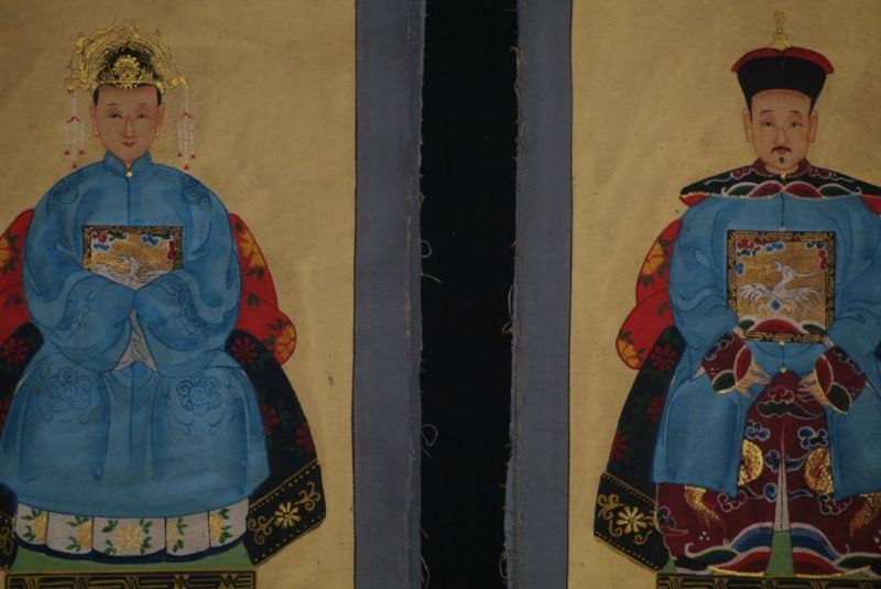 Qing Kleine Ahnenpaare und Kaiser Malerei Blau 2