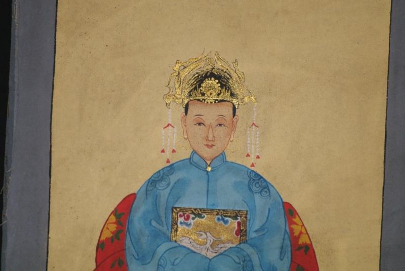 Qing Kleine Ahnenpaare und Kaiser Malerei Blau 3