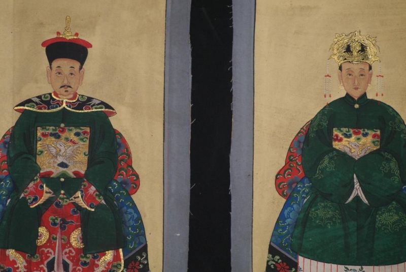 Qing Kleine Ahnenpaare und Kaiser Malerei Grün 2