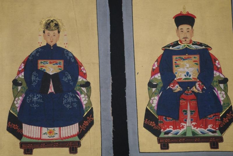 Qing Kleine Ahnenpaare und Kaiser Malerei Marineblau 2