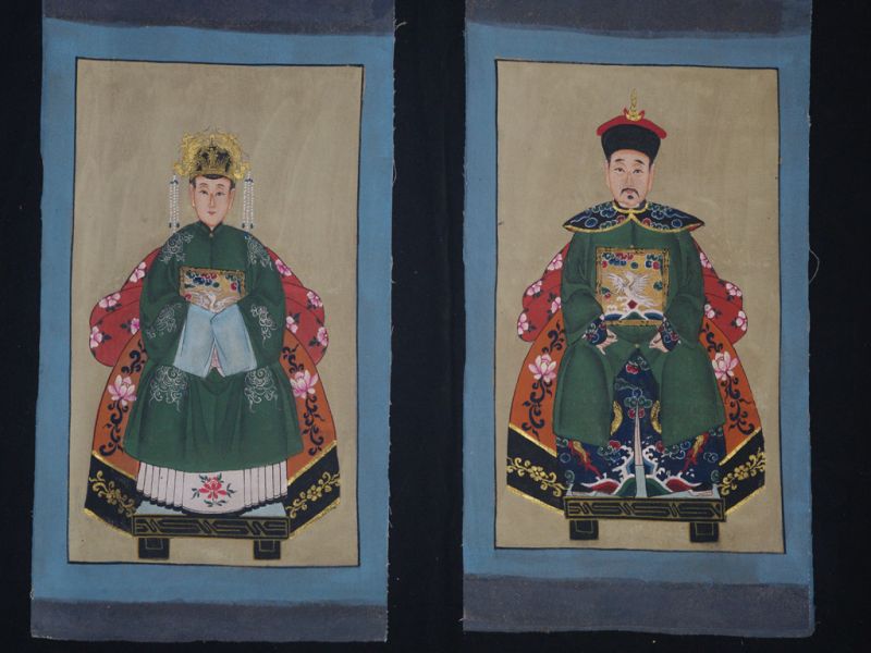 Small Chinese ancestors couple - Chinese Oil Painting - Green 1