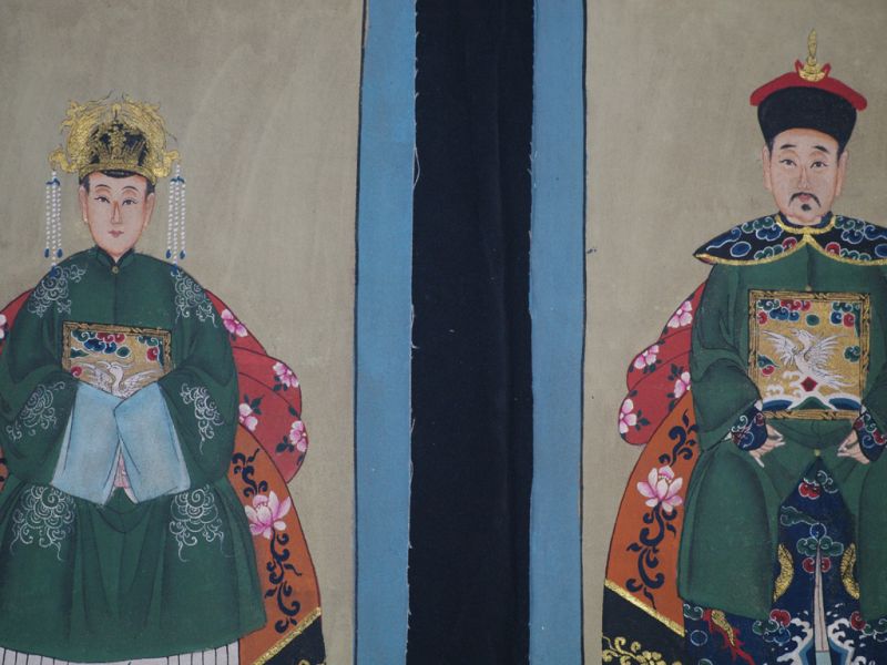 Small Chinese ancestors couple - Chinese Oil Painting - Green 2