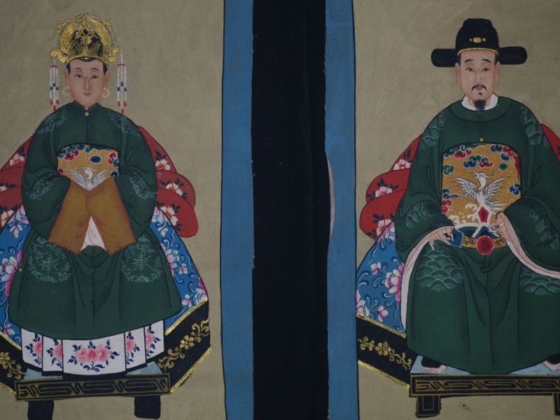 Small Chinese ancestors couple - Chinese Oil Painting - Imperial green 2