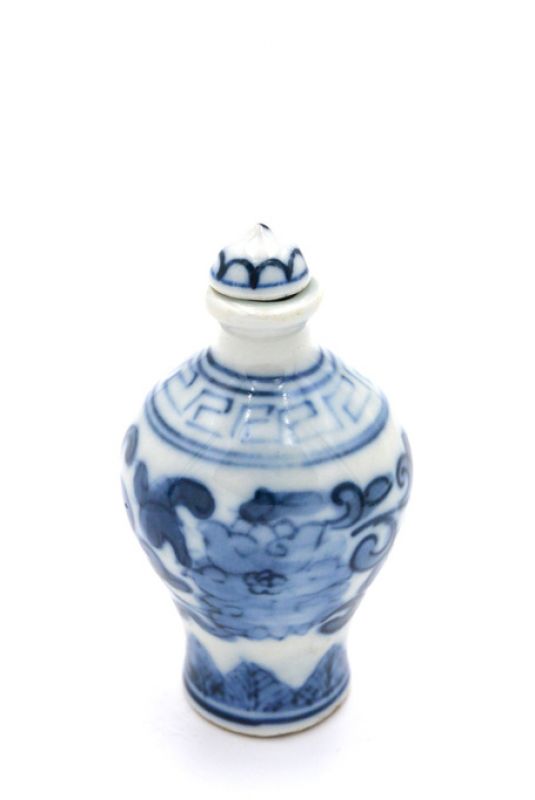 Tabaquera China de Porcelana - arte chino - Blanco y Azul - Flor 5 1