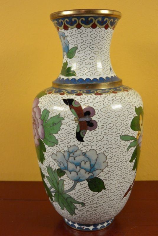 Vase in Cloisonné Weiss Blumen 2