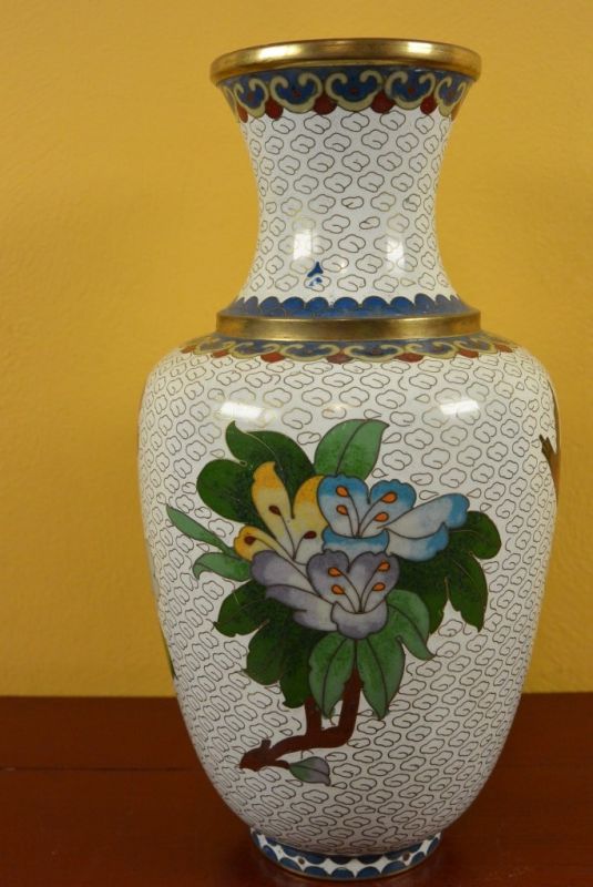 Vase in Cloisonné Weiss Blumen 3