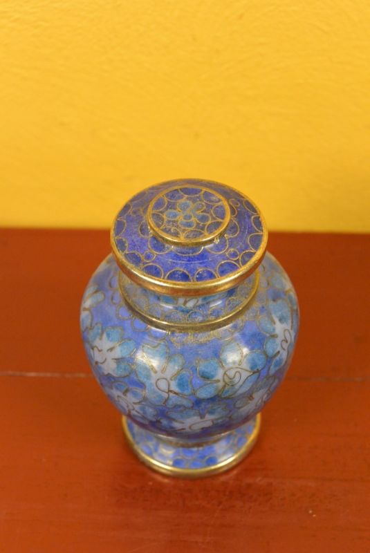 Vase oder Gefäß in Cloisonné Blau Blumen 3