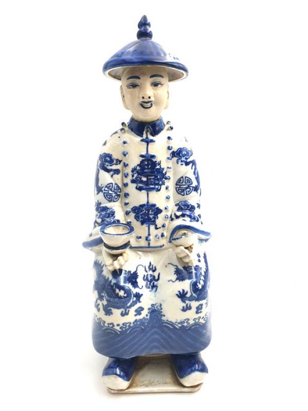 Young Chinese Mandarin Sitting blue and white statue 1