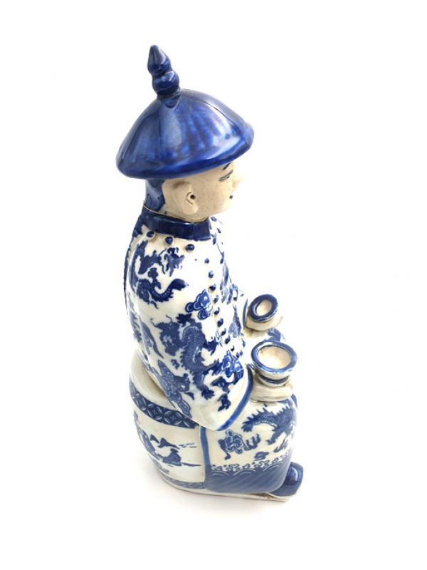 Young Chinese Mandarin Sitting blue and white statue 3